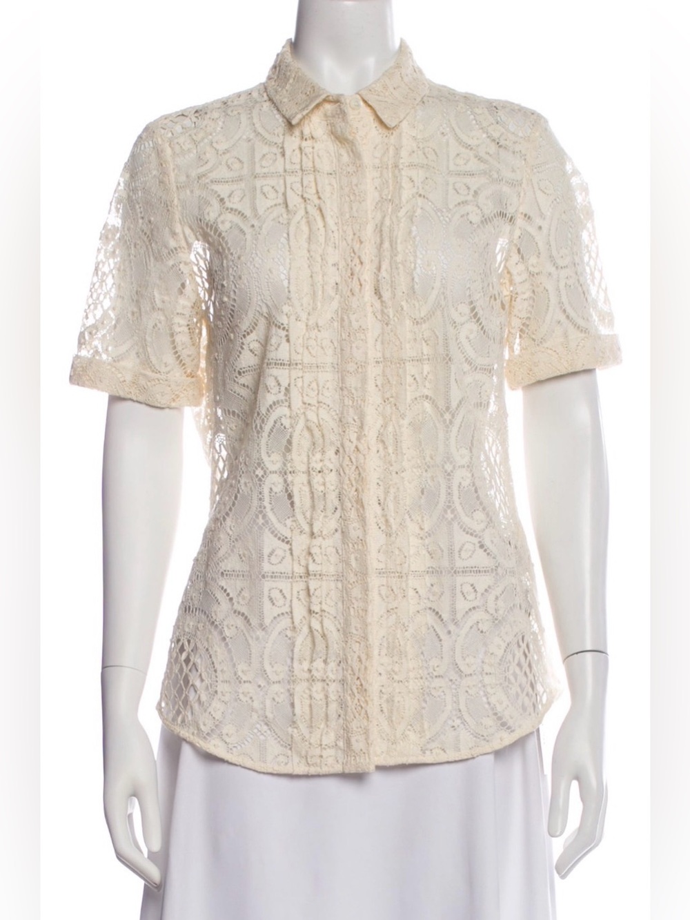 Burberry London Cream Lace Button-Down Short Sleeve Shirt